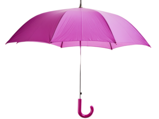 Bright pink umbrella with curved handle for rainy days outdoors on a transparent background, cut out