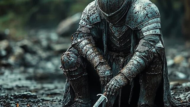 A weary knight in tarnished armor kneels in a muddy forest clearing, reflecting