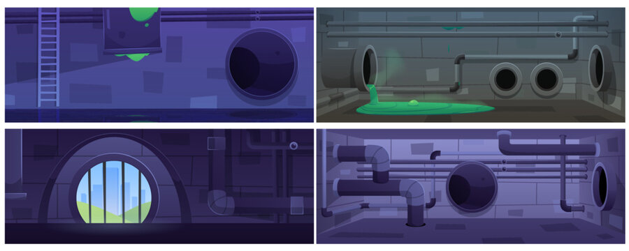Vector illustration of a Sawer kit with pipes through which a green toxic liquid flows