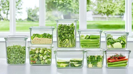 Food storage solutions organizing fresh vegetables in glass containers kitchen photography bright natural light