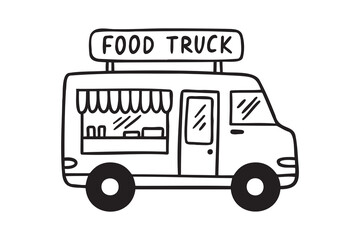 Food truck icon doodle hand drawn. Outline drawing food truck fast food line clipart symbol