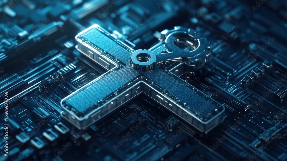 Poster abstract digital cross on circuit board. possible stock use technology, innovation