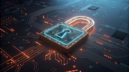 privacy protection banner with padlock on circuit board software web security concept.