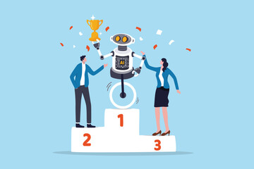 Robot Artificial intelligence winning, working together with AI, innovation to help success, AI to replace people in office work, AI robot winning holding champion trophy with human competition.