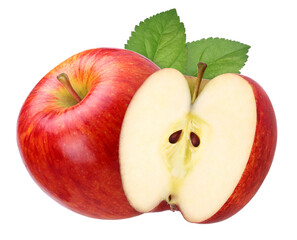 red apple (Envy Apple) with leaves and half isolated, transparent PNG, PNG format