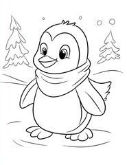 Charming Penguin in Winter: A delightful illustration showcases a friendly penguin, warmly adorned in a scarf, enjoying a snowy winter day amid charming winter scenery.
