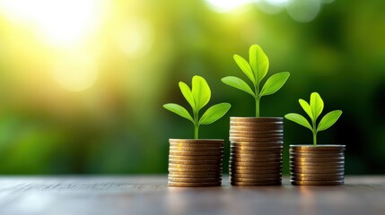 Three stacks of coins with young green plants growing from them, symbolizing financial growth and sustainability against a blurred natural background.