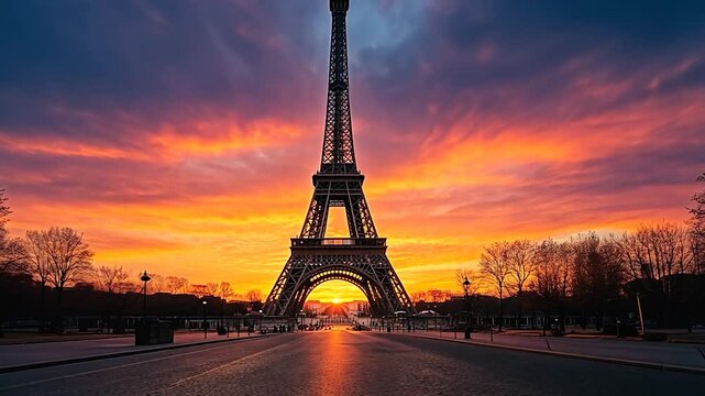 Eiffel Tower at Sunset with Vibrant Sky and Empty Streets in Paris