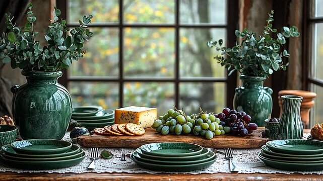 Elegant dining setup with green dishes and fresh fruits near window