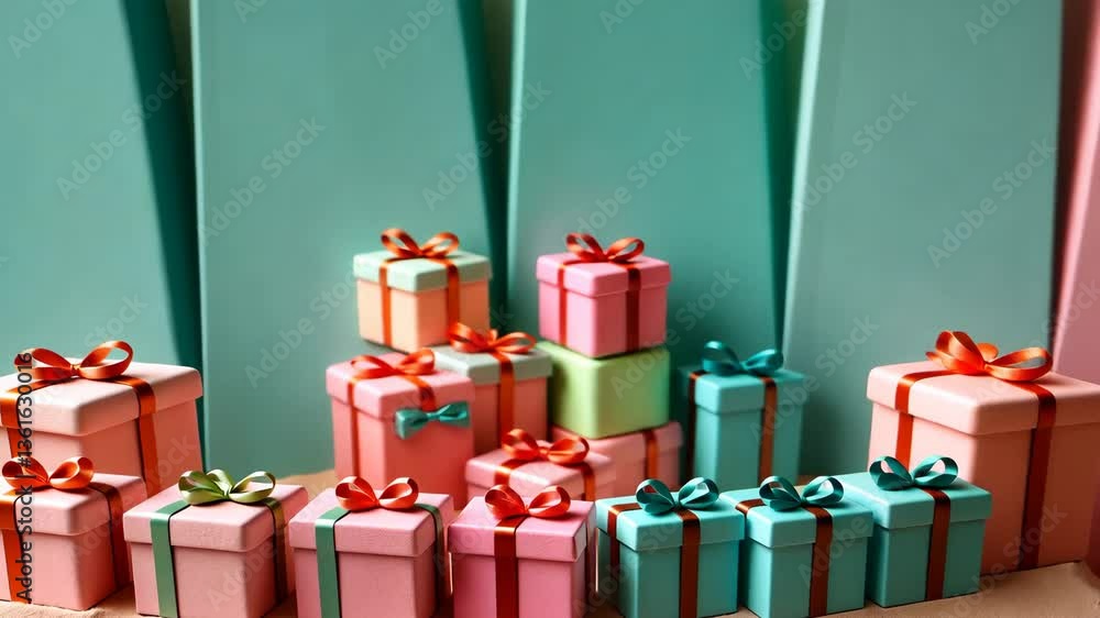Aufkleber A stack of colorful boxes with pink bows on them. The boxes are of different sizes and colors