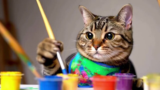 The Tabby cat sits at the table and painting with paints