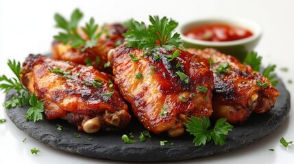 Delicious Glazed Chicken Wings with Parsley and Dipping Sauce