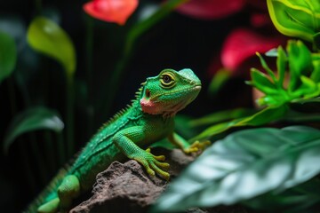 Fototapeta premium Small green lizard in a jungle-like habitat