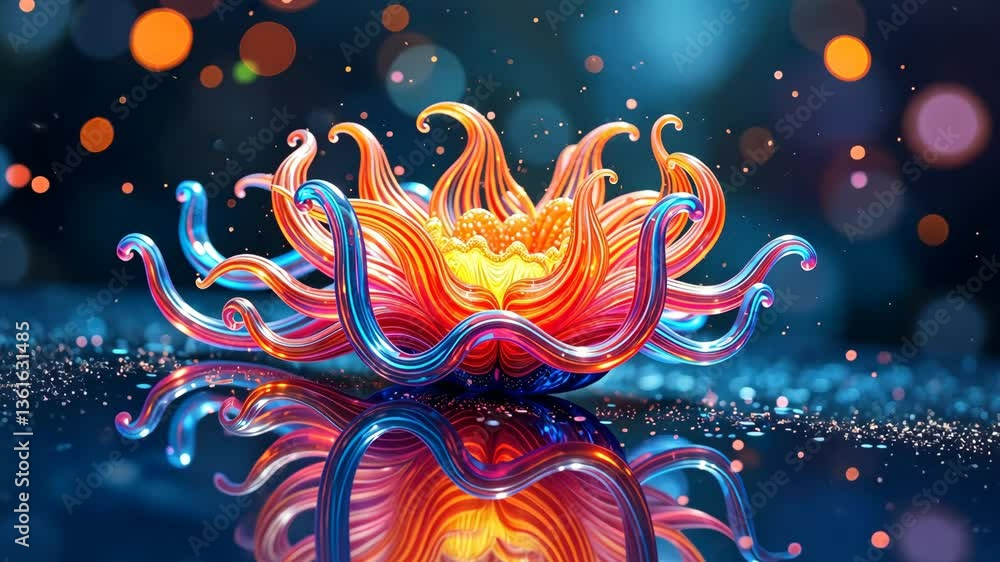 Poster a colorful flower with a blue stem. the flower is surrounded by a blue and red background. the flowe