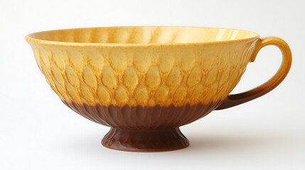 Large yellow and brown ceramic teacup with a handle and pedestal base.