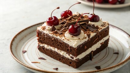 Delicious chocolate cake topped with cherries and chocolate shavings on a decorative plate.