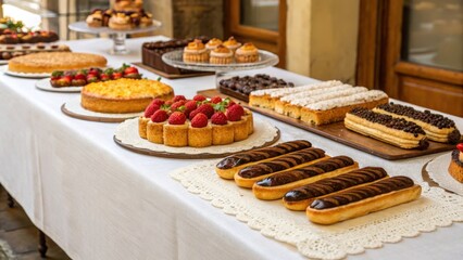 A display of assorted delicious pastries and desserts on a table.