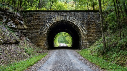 Obraz premium Scenic Stone Arch Tunnel on a Gravel Road through a Lush Green Forest