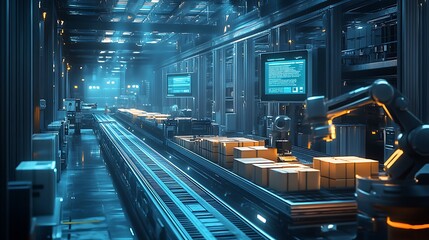 Obraz premium A futuristic warehouse with fully automated conveyor belts transporting neatly stacked boxes, robotic arms sorting packages, workers monitoring logistics on digital screens, blue industrial lighting,