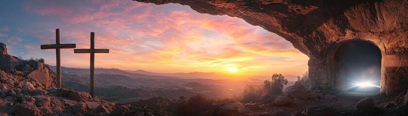 Fototapeta premium Majestic Sunset over Scenic Landscape with Two Wooden Crosses near Ancient Tomb Entrance