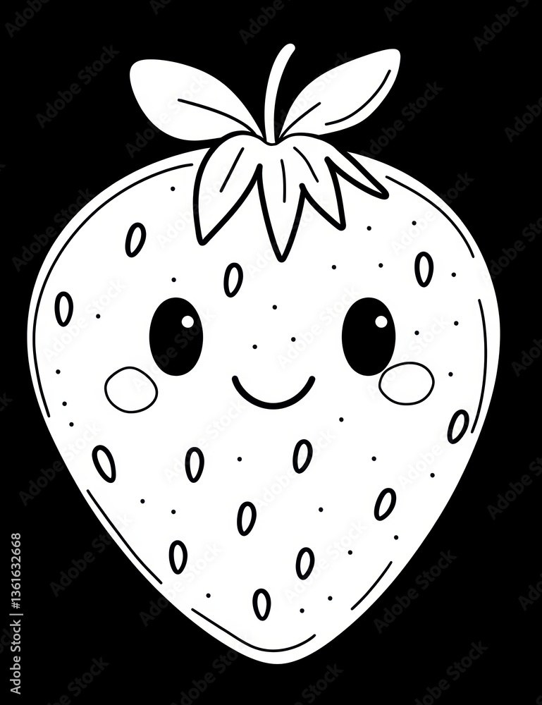 Poster smiling strawberry icon: a cute, monochrome illustration of a smiling strawberry, perfect for adding
