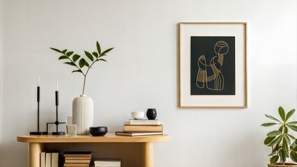 Mock up canvas picture wall artwork frame copy blank paste text console table