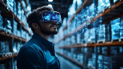 A futuristic warehouse worker using augmented reality glasses to check stock levels, holographic data floating in mid-air, sleek industrial environment with modern shelving, cinematic sci-fi lighting,