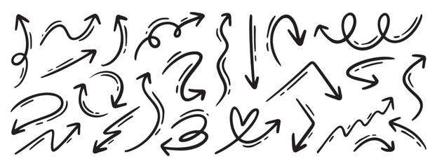 Hand drawn vector arrows doodle set on white background. dynamic arrows element