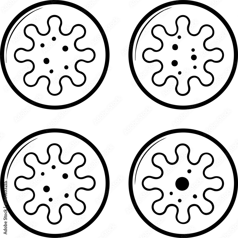 Poster abstract illustration featuring four circular designs that resemble microorganisms or viruses, showc