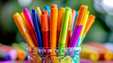 Obraz premium Collection of Colorful Mixed Media Markers in Vibrant Container on Wooden Surface