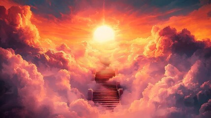 Fototapeta premium Stairway to Heaven A Dramatic Sunset Scene with Golden Clouds and a Bright Sun