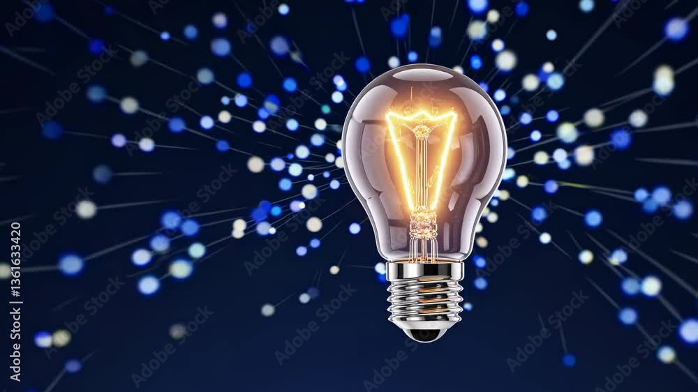 Poster a video still of a light bulb floating against a dark background with bokeh lights. the camera angle