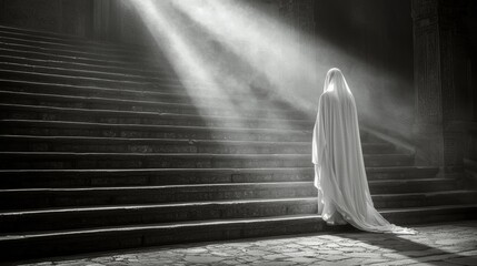Mysterious Figure in White Robe Ascending Ancient Stone Steps Bathed in Sunlight