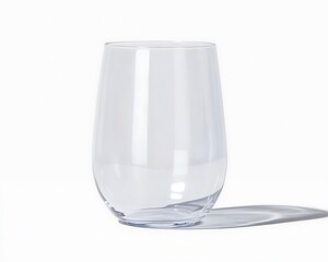 Clear plastic stemless wine glass on white background.