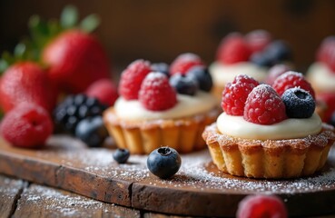 Sweet desserts with fresh berries on wooden table. Tartlets with cream, raspberries, blueberries. Delicious treats, healthy food, summer snack, homemade pastries, breakfast. Tasty meal, vegan,