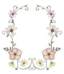 Floral frame with dark green leaves and dried pressed flowers. Watercolor