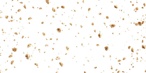 Walnuts, organic nuts crumbs flying jsolated on transparent