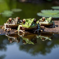 Obraz premium Group of Cricket Frogs Perched on the Edge of a Pond, Reflected in the Calm Water