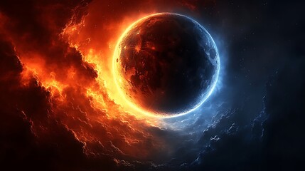 Fiery and icy planet engulfed in cosmic clouds.