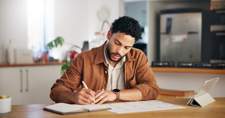 Man, writing and calendar planning in home with tablet agenda, priority checklist and time...