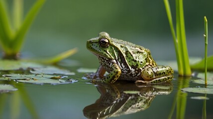 Camouflaged Cricket Frog on a Leaf by a Pond, Surrounded by Reeds and Grasses