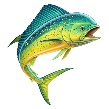 Vibrant digital illustration of a mahi-mahi fish in bright blue, green, and yellow hues, isolated PNG