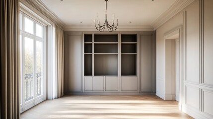 Obraz premium Elegant empty living room, Parisian apartment, sunlight, built-in shelves, design inspiration