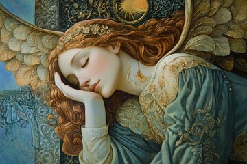 Sleeping Angel with Red Hair and Golden Wings in Peaceful Repose