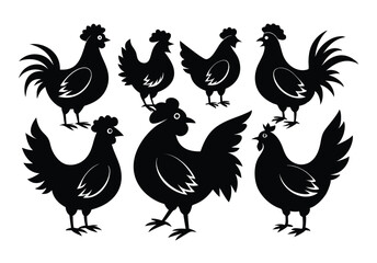 Set of Silhouetted Rooster Heads