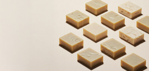 Artistic Arrangement of Minimalist Soap Bars with Elegant Textures on a Soft Beige Background, Highlighting Natural Aesthetics and Clean Lines