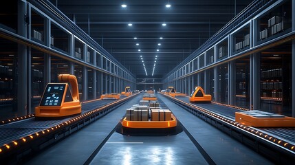 Obraz premium A warehouse of the future with intelligent robotic assistants organizing packages, conveyor belts illuminated with LED indicators, workers interacting with augmented reality dashboards,