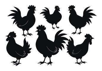 Set of Silhouetted Rooster Heads