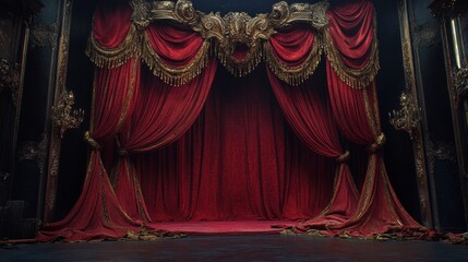 Elegant Red Curtains with Golden Accents in Theater Setting