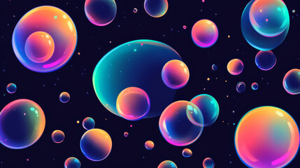 Colorful bubbles floating on dark background create vibrant scene